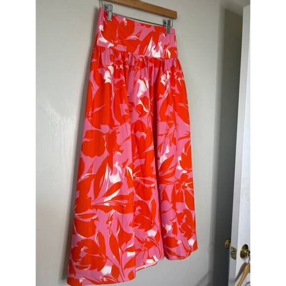 NEW Monique Lhuillier Taffeta Lined Zip Closure Floral Midi Skirt Orange Size: 4 - Picture 3 of 8
